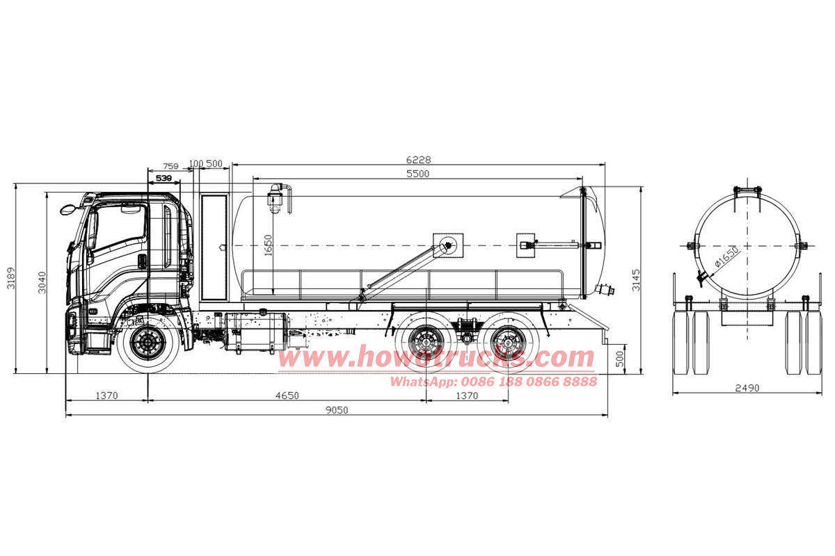 Technical drawing for HOWO 18000L cesspit emptier